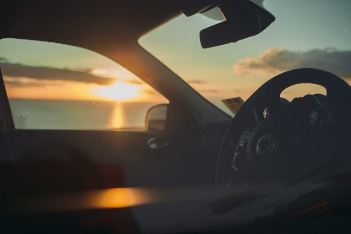 View of steering wheel and windshield