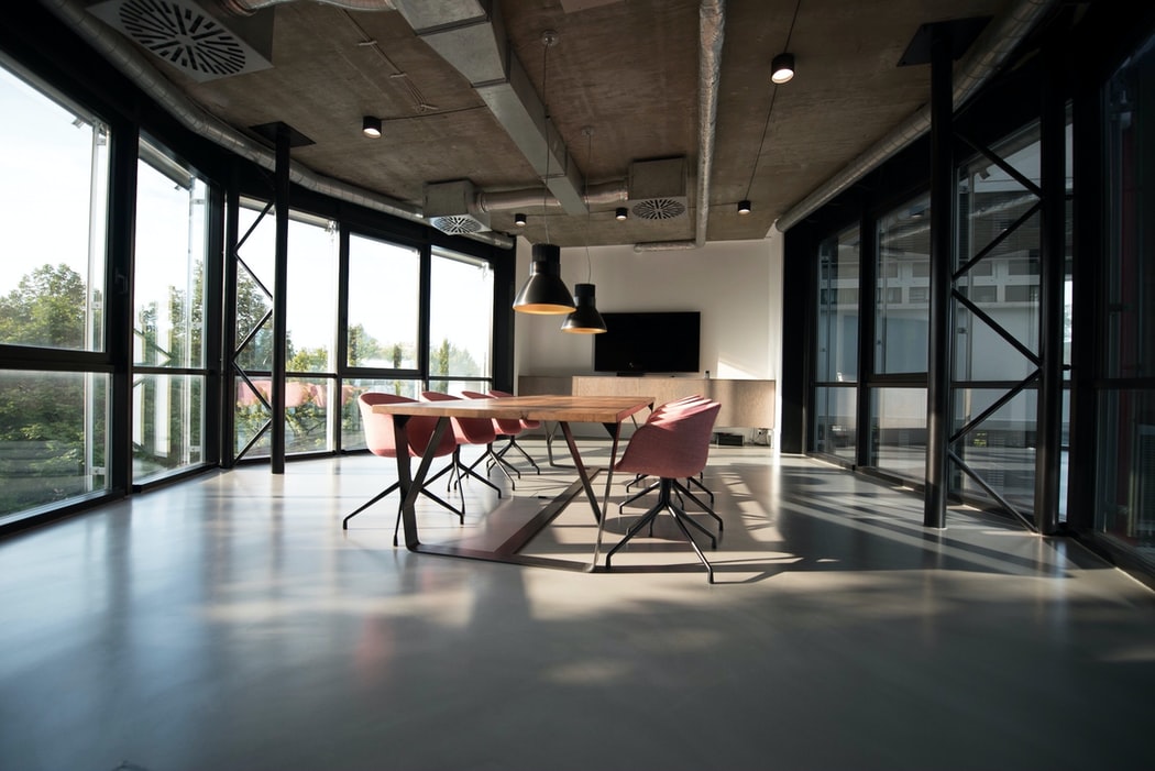 An empty office with a big window